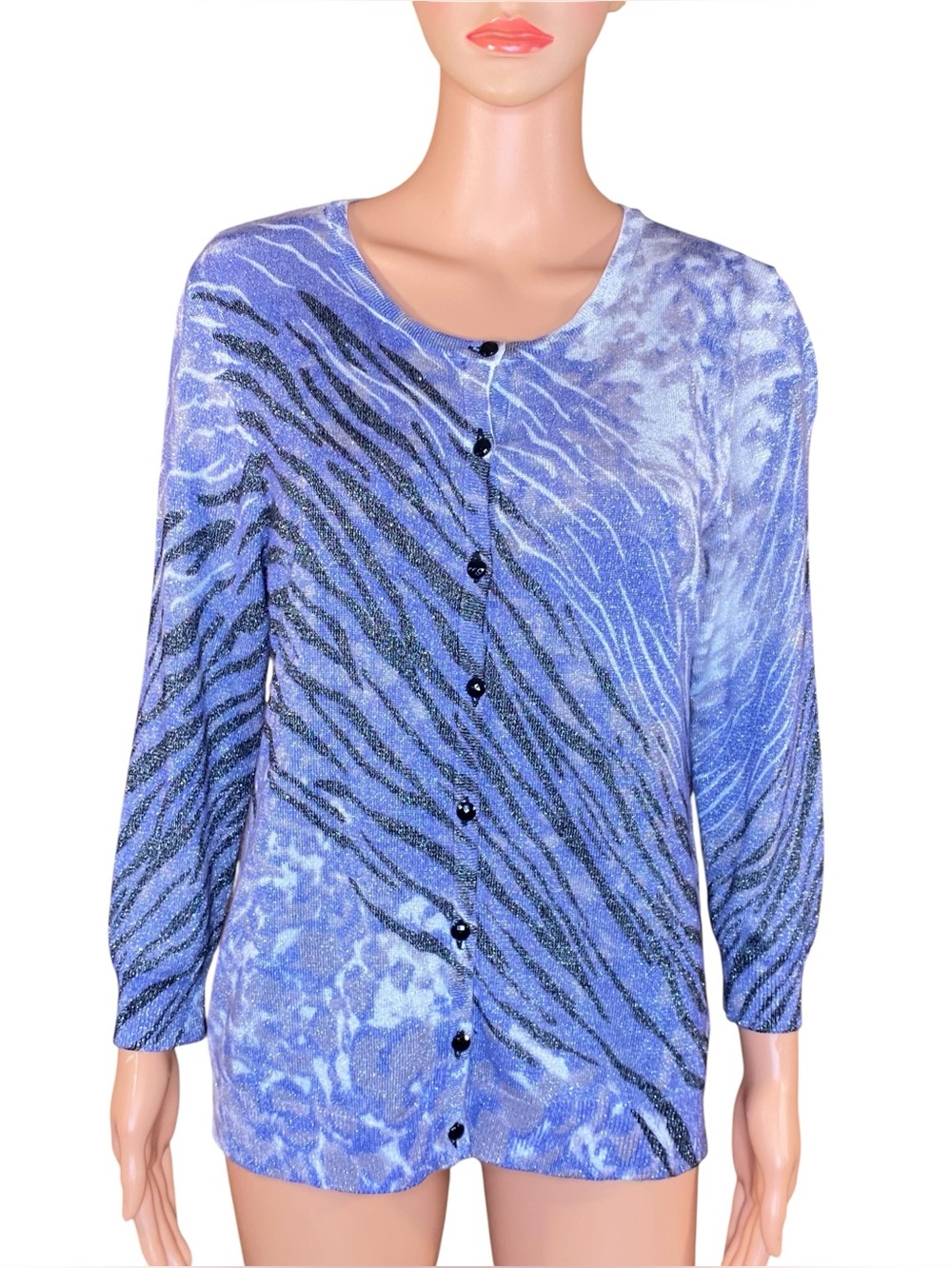Joseph A Button Up Cardigan Sweater Zebra Print Metallic Lightweight Size XL